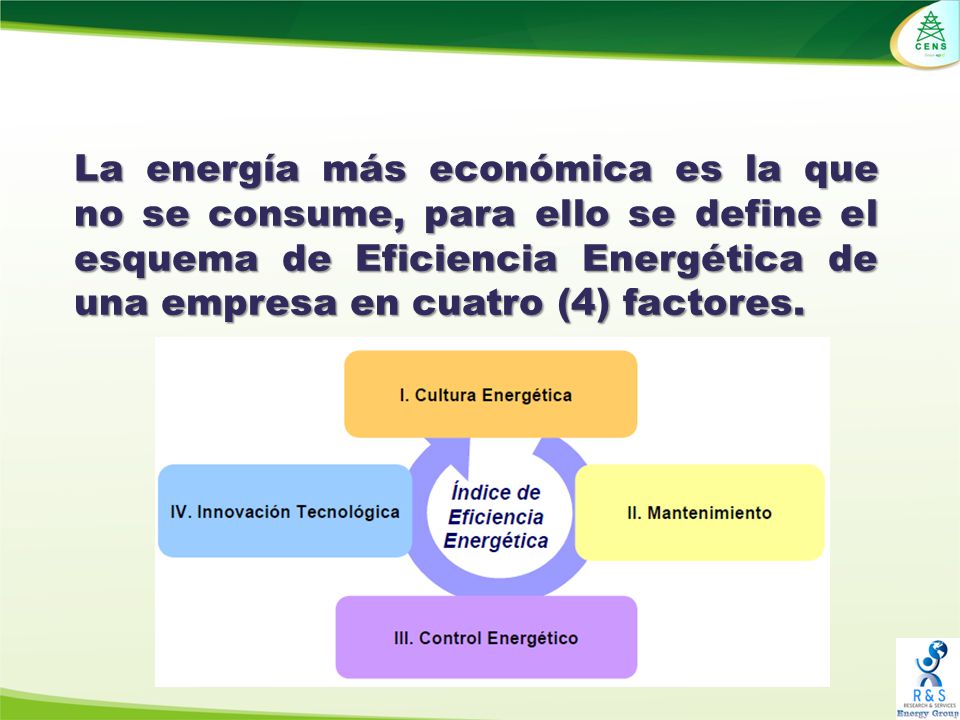 La energía más económica es la que no se consume, para ello se define el esquema de Eficiencia Energética de una empresa en cuatro (4) factores.