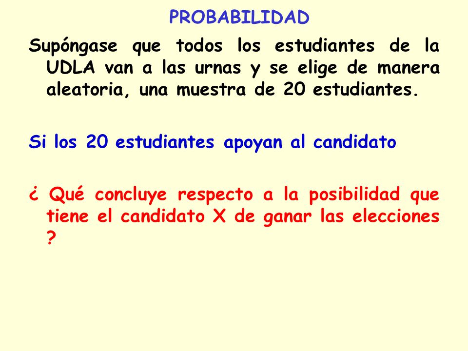 PROBABILIDAD Supóngase que todos los estudiantes de la UDLA van a las urnas y se elige de manera aleatoria, una muestra de 20 estudiantes.