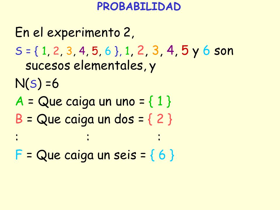 En el experimento 2, N(S) =6 A = Que caiga un uno = { 1 }