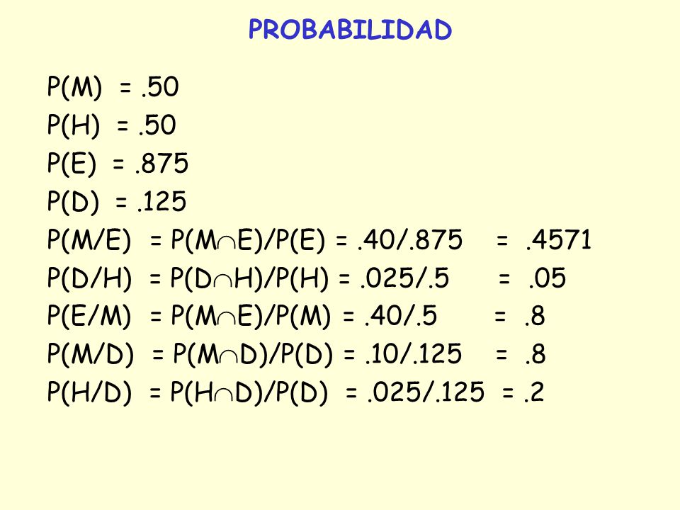 PROBABILIDAD P(M) = .50. P(H) = .50. P(E) = P(D) = P(M/E) = P(ME)/P(E) = .40/.875 =