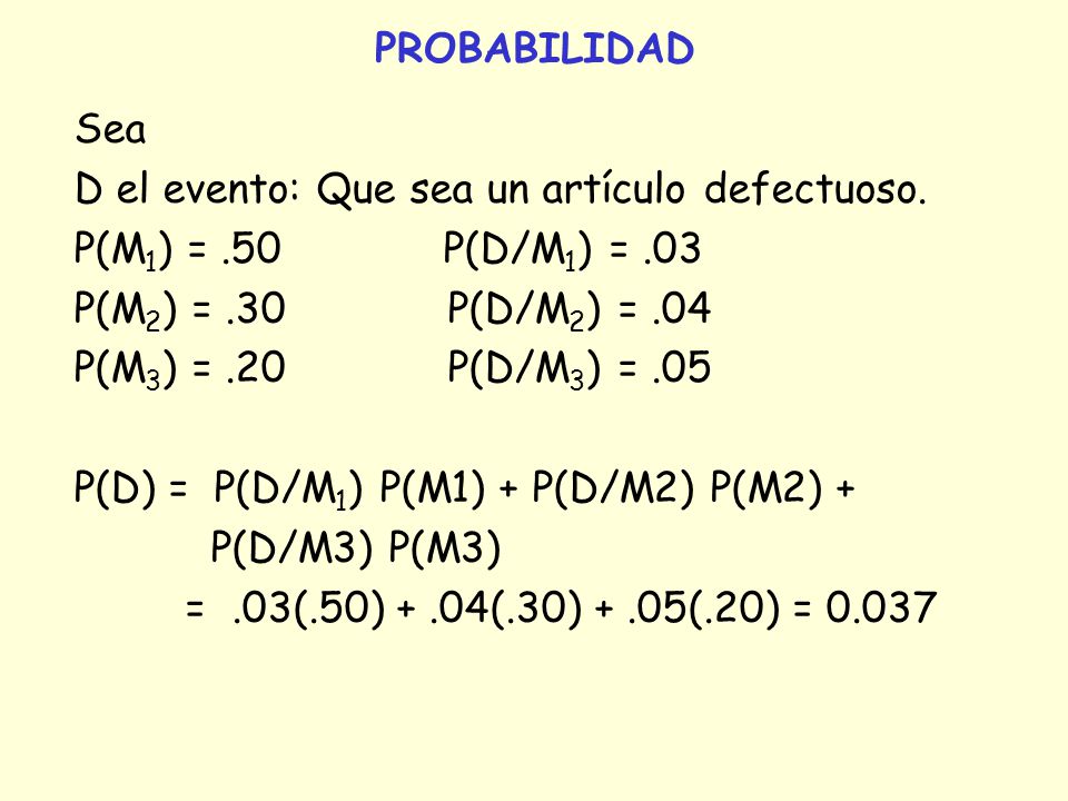 PROBABILIDAD Sea. D el evento: Que sea un artículo defectuoso. P(M1) = .50 P(D/M1) = .03.