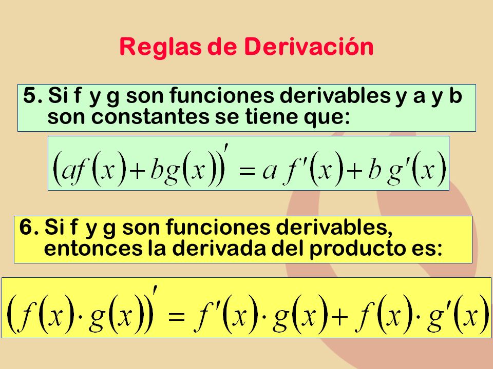 Reglas de Derivación 5. Si f y g son funciones derivables y a y b son constantes se tiene que: