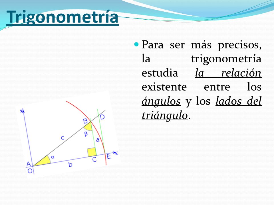 Trigonometría Para ser más precisos, la trigonometría estudia la relación existente entre los ángulos y los lados del triángulo.