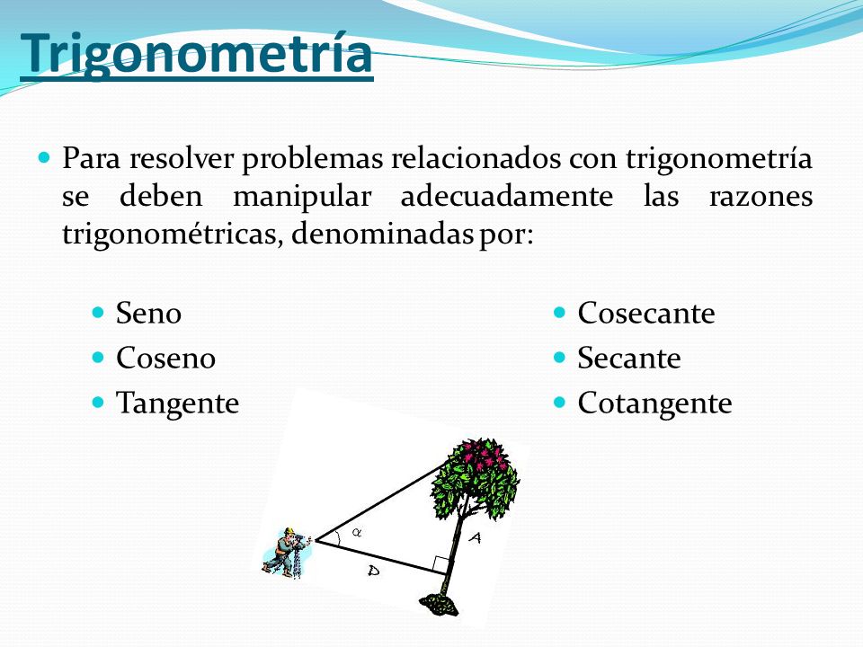 Trigonometría Para resolver problemas relacionados con trigonometría se deben manipular adecuadamente las razones trigonométricas, denominadas por: