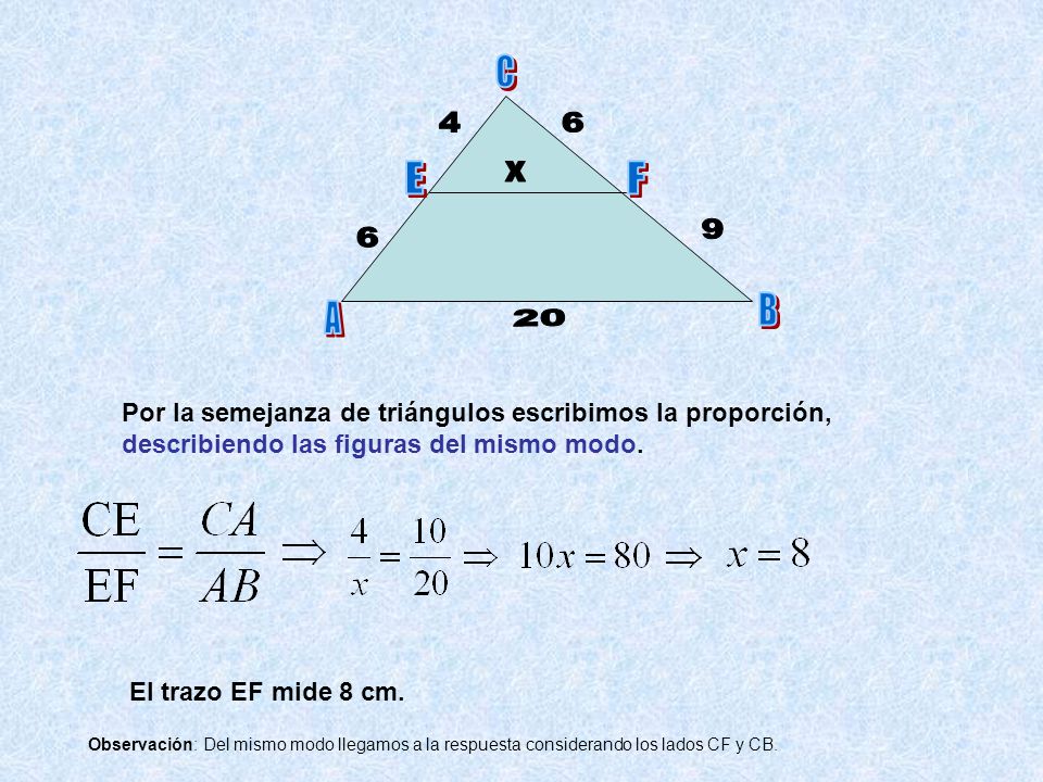 A C. B. E. F x Por la semejanza de triángulos escribimos la proporción, describiendo las figuras del mismo modo.