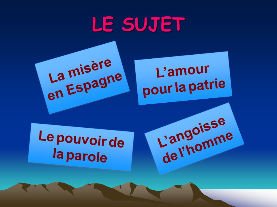 LE SUJET La misère en Espagne L’amour pour la patrie