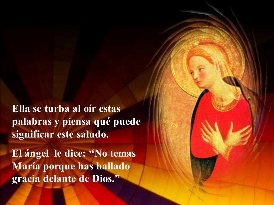 Ella se turba al oír estas palabras y piensa qué puede significar este saludo.
