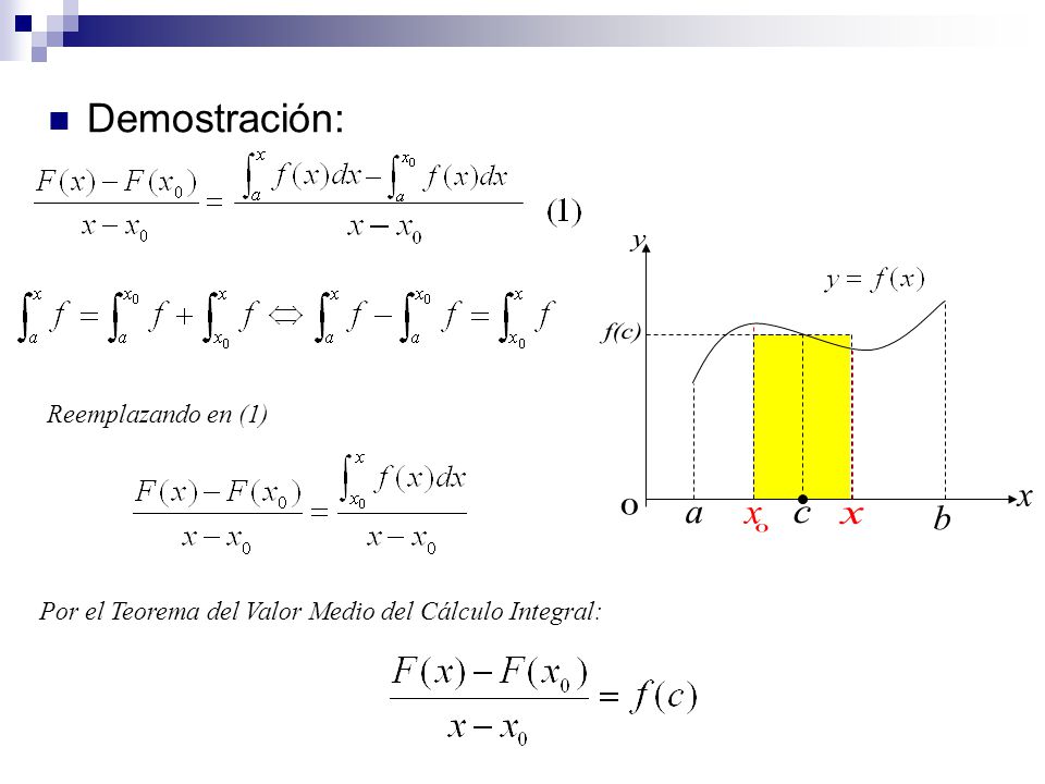 y f(c) x a c b Demostración: Reemplazando en (1)