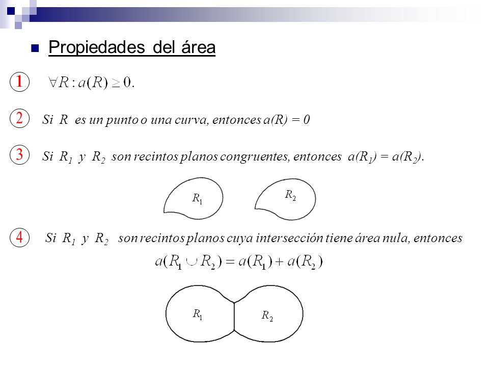 Propiedades del área 1. Si R es un punto o una curva, entonces a(R) =