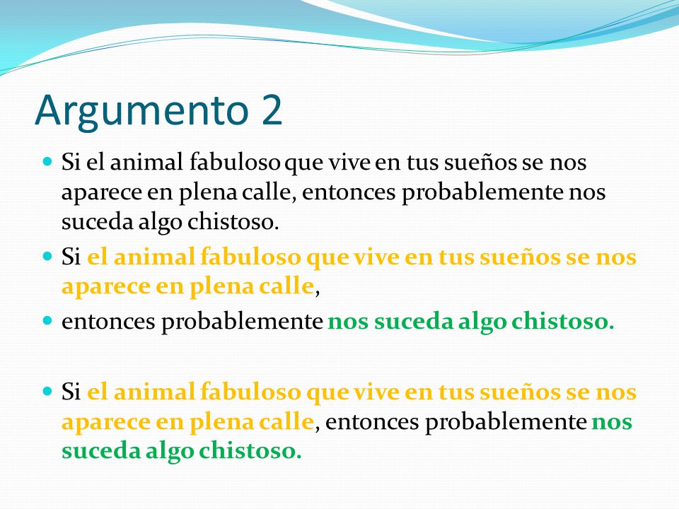 Argumento 2 Si el animal fabuloso que vive en tus sueños se nos aparece en plena calle, entonces probablemente nos suceda algo chistoso.