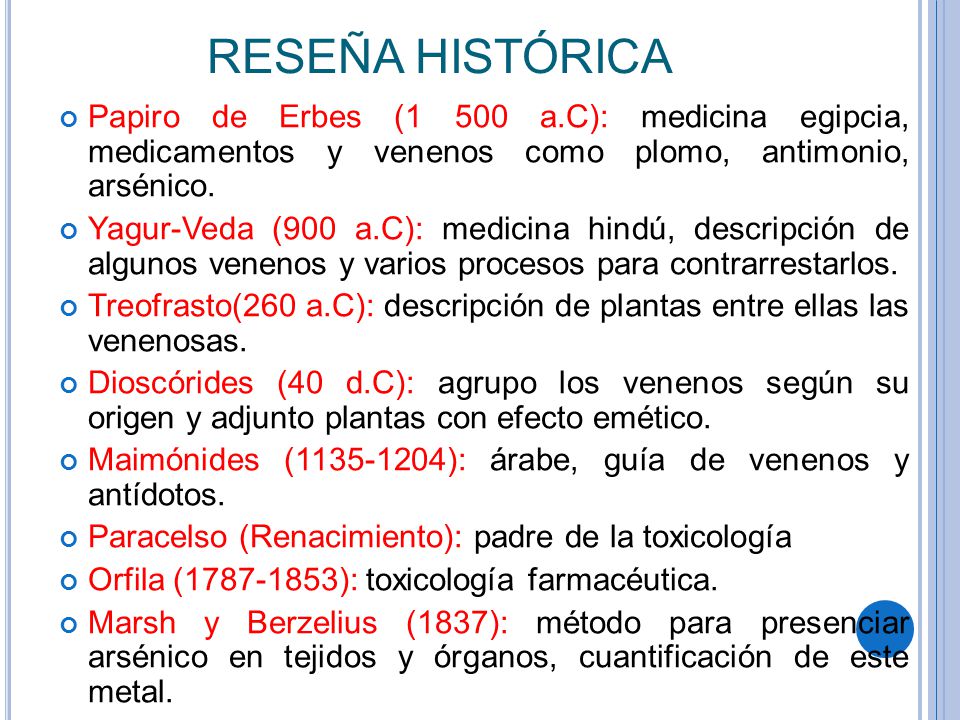 RESEÑA HISTÓRICA Papiro de Erbes (1 500 a.C): medicina egipcia, medicamentos y venenos como plomo, antimonio, arsénico.