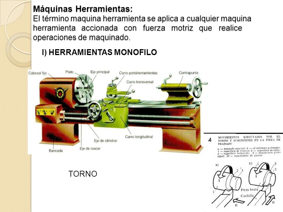 Máquinas Herramientas: El término maquina herramienta se aplica a cualquier maquina herramienta accionada con fuerza motriz que realice operaciones de maquinado.