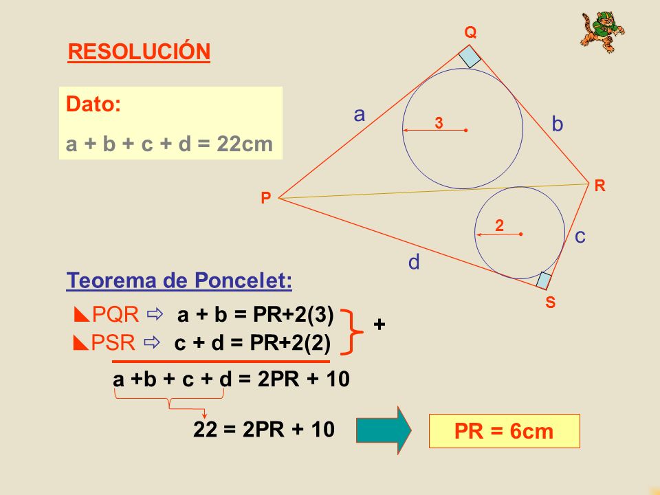 RESOLUCIÓN Dato: a a + b + c + d = 22cm b c d Teorema de Poncelet: