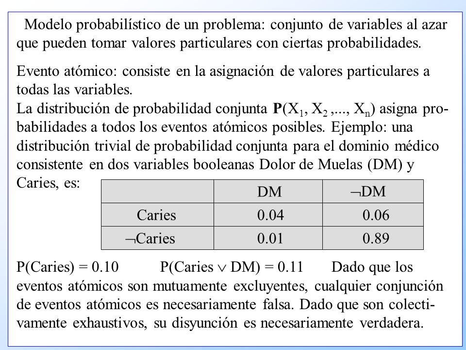 Modelo probabilístico de un problema: conjunto de variables al azar que pueden tomar valores particulares con ciertas probabilidades.