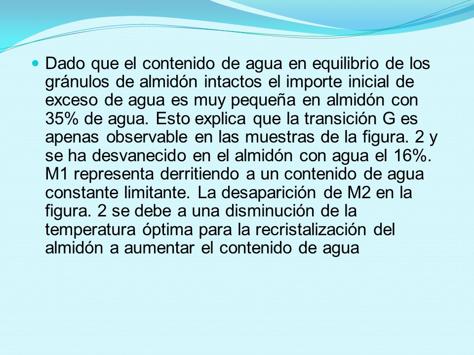 Dado que el contenido de agua en equilibrio de los gránulos de almidón intactos el importe inicial de exceso de agua es muy pequeña en almidón con 35% de agua.