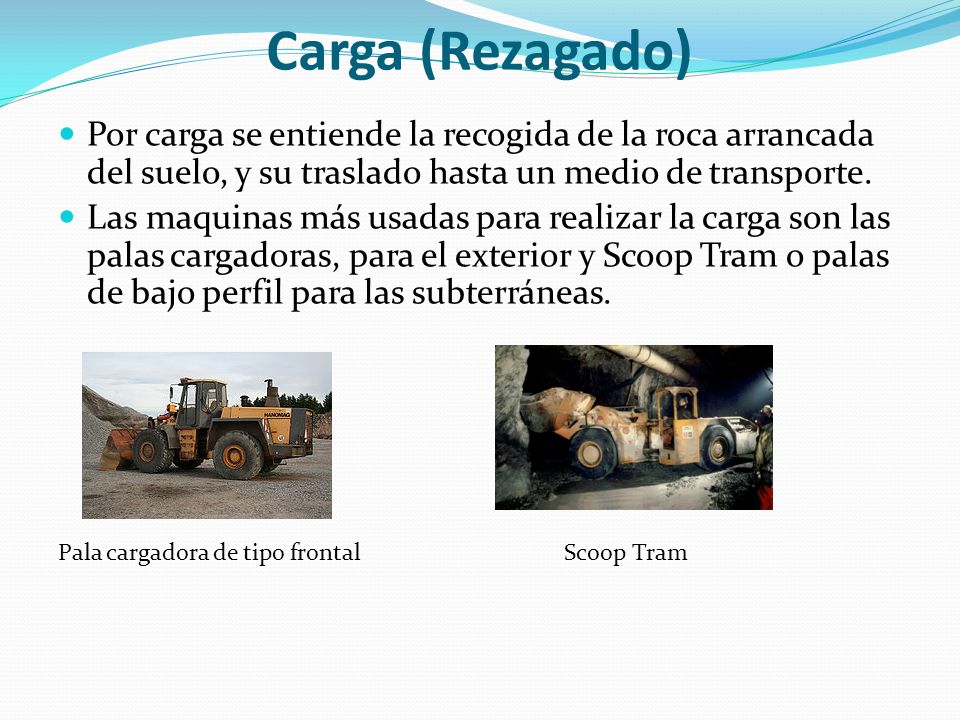 Carga (Rezagado) Por carga se entiende la recogida de la roca arrancada del suelo, y su traslado hasta un medio de transporte.