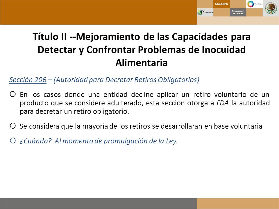Título II --Mejoramiento de las Capacidades para Detectar y Confrontar Problemas de Inocuidad Alimentaria