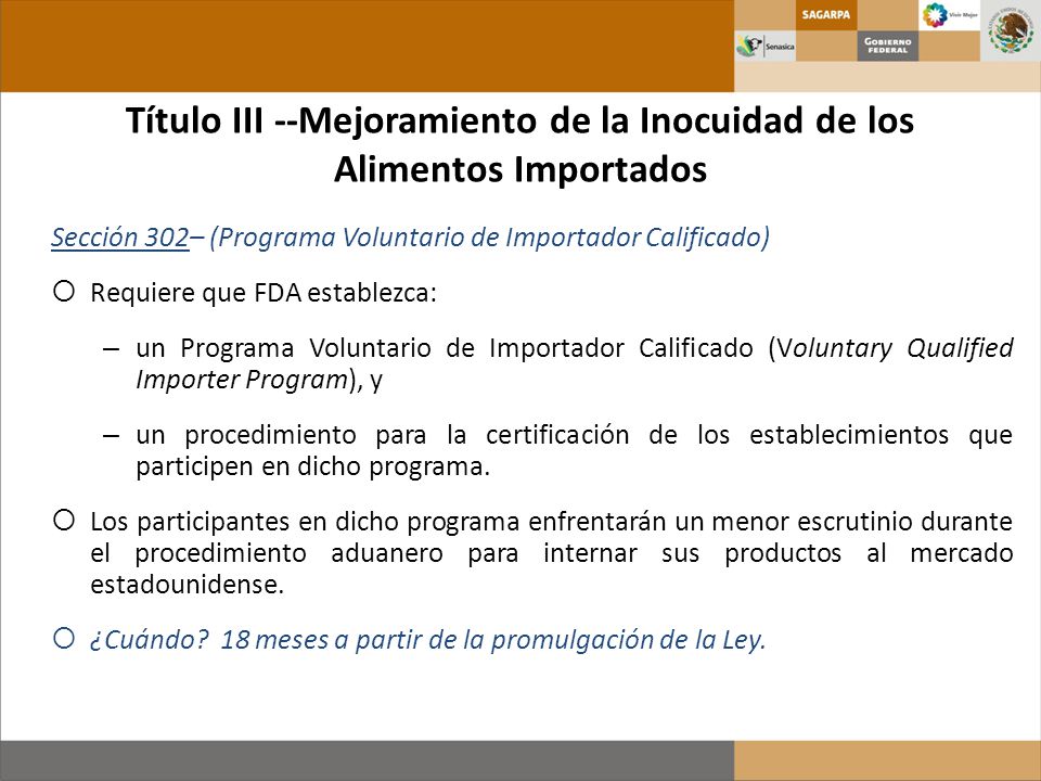 Título III --Mejoramiento de la Inocuidad de los Alimentos Importados