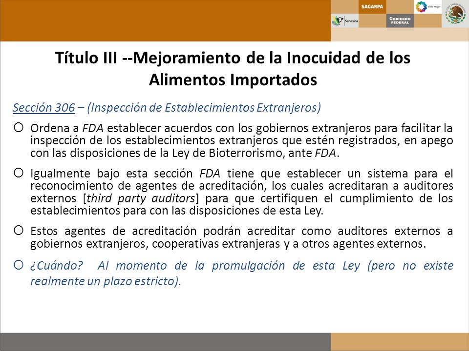 Título III --Mejoramiento de la Inocuidad de los Alimentos Importados