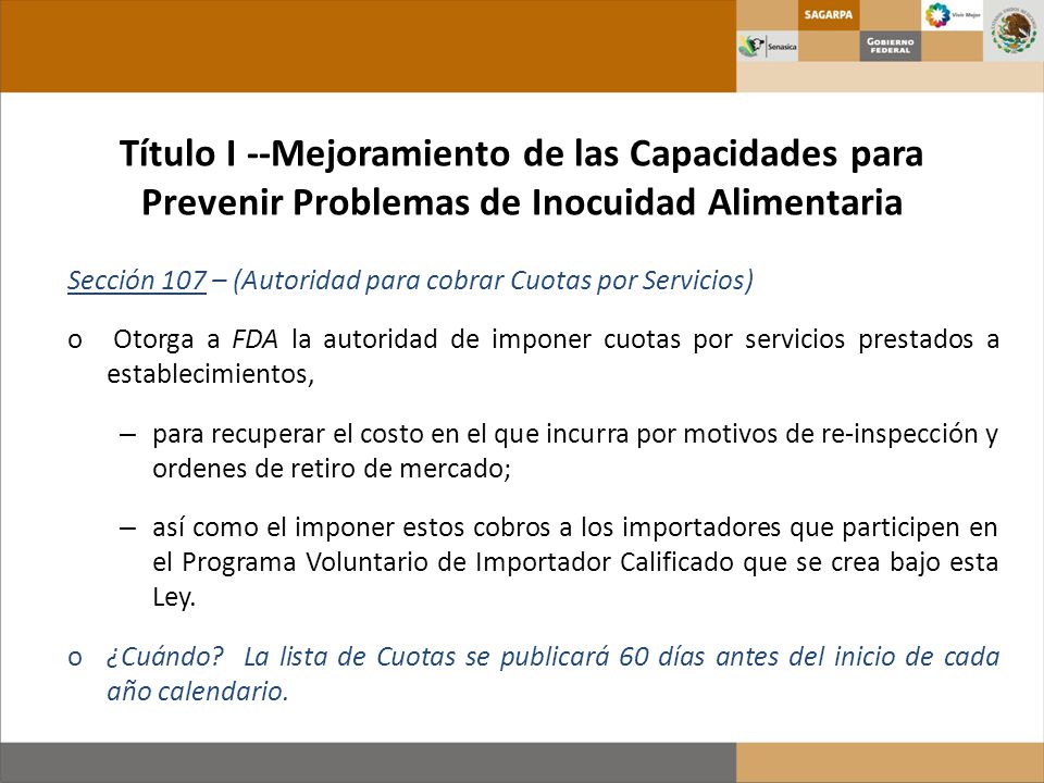 Título I --Mejoramiento de las Capacidades para Prevenir Problemas de Inocuidad Alimentaria