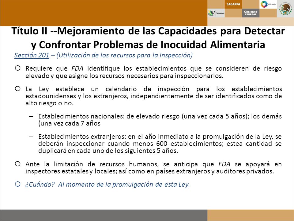 Título II --Mejoramiento de las Capacidades para Detectar y Confrontar Problemas de Inocuidad Alimentaria