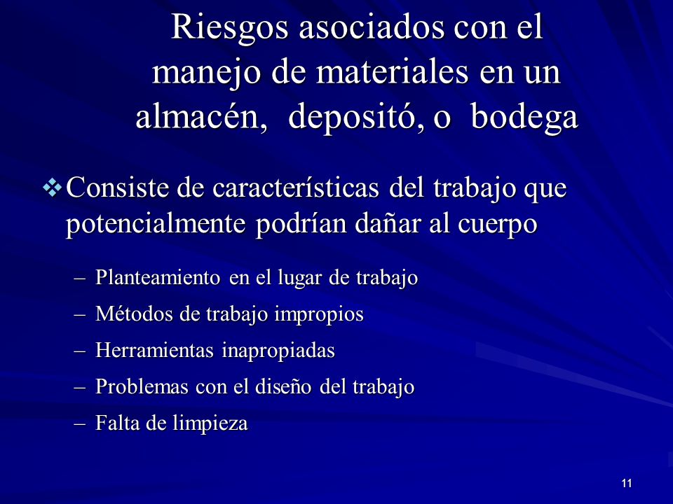Riesgos asociados con el manejo de materiales en un almacén, depositó, o bodega