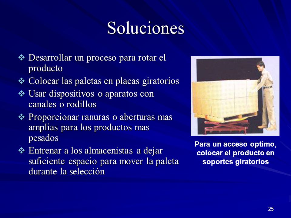 Para un acceso optimo, colocar el producto en soportes giratorios