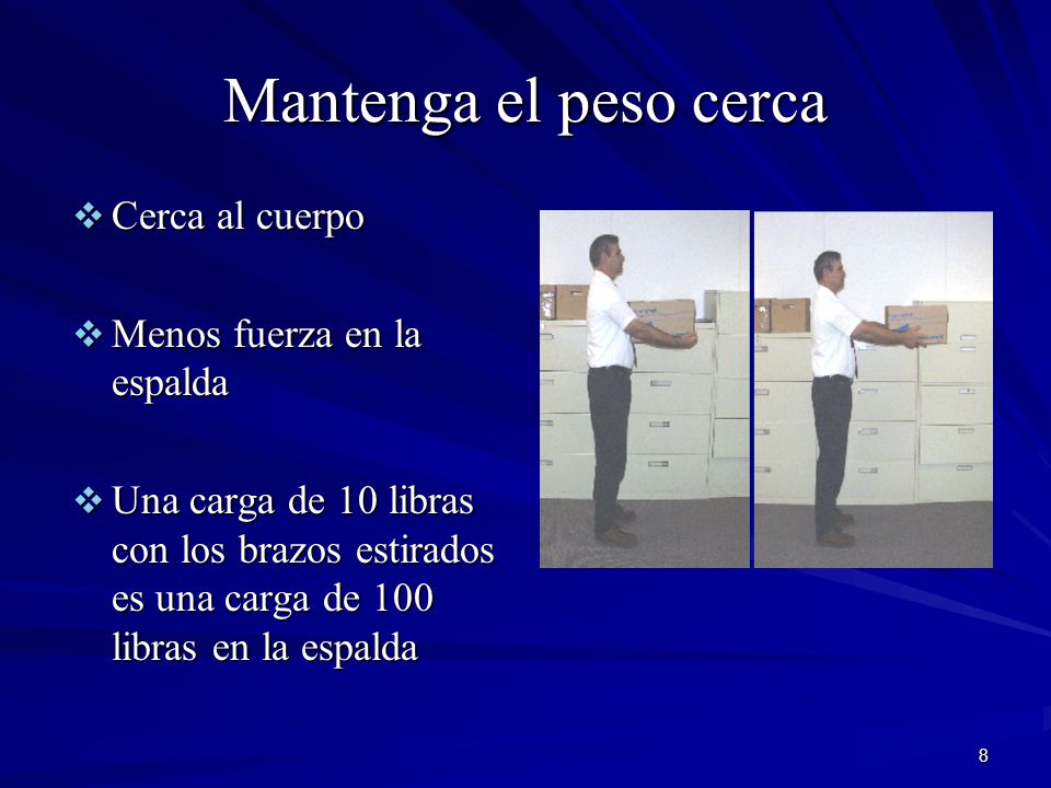 Mantenga el peso cerca Cerca al cuerpo Menos fuerza en la espalda