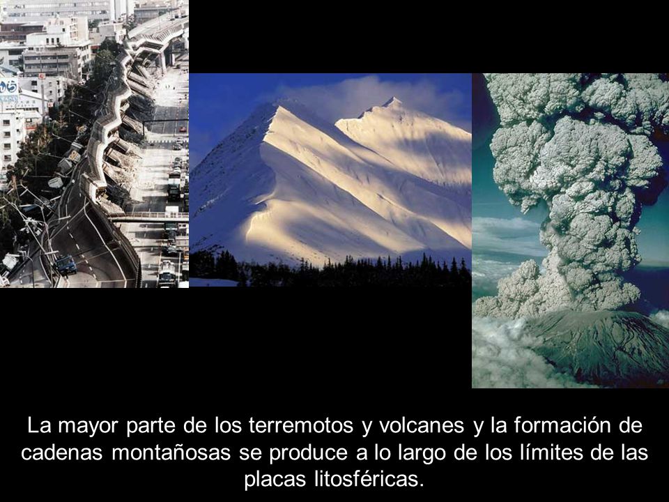 La mayor parte de los terremotos y volcanes y la formación de cadenas montañosas se produce a lo largo de los límites de las placas litosféricas.