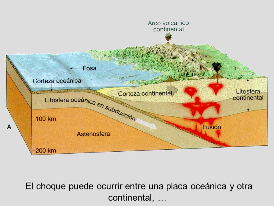 El choque puede ocurrir entre una placa oceánica y otra continental, …
