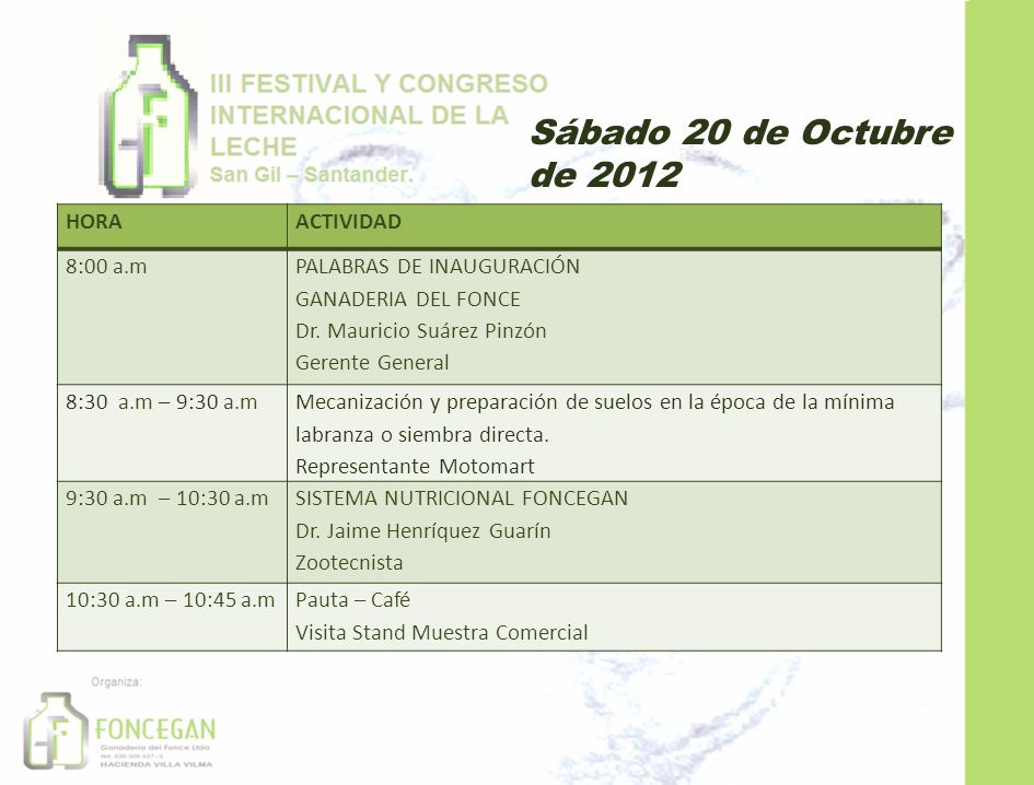 Sábado 20 de Octubre de 2012 HORA ACTIVIDAD 8:00 a.m