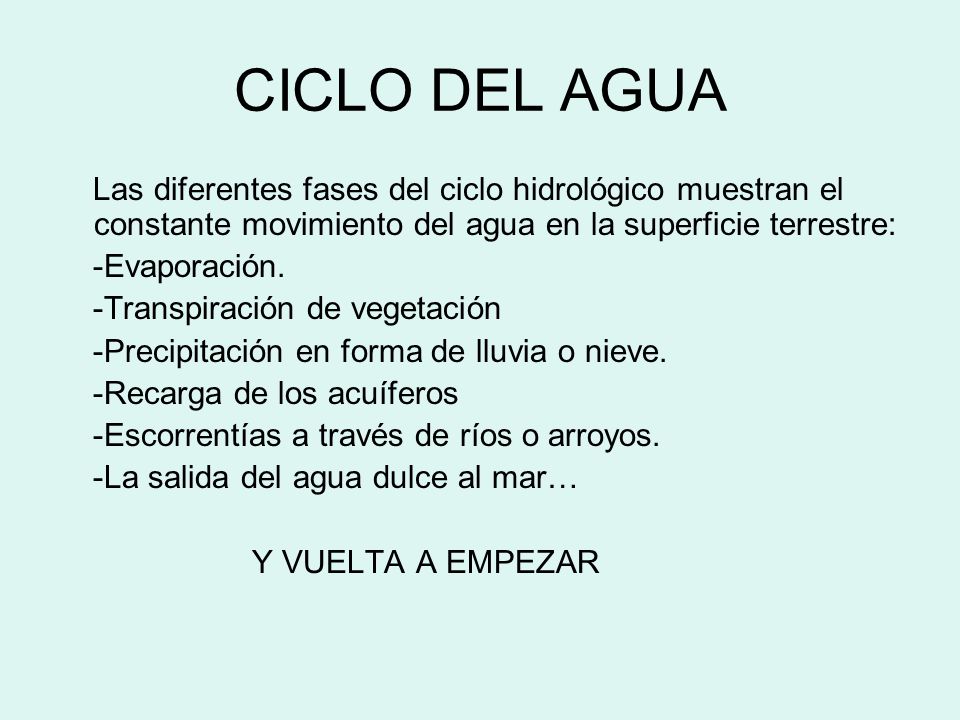 CICLO DEL AGUA Las diferentes fases del ciclo hidrológico muestran el constante movimiento del agua en la superficie terrestre: