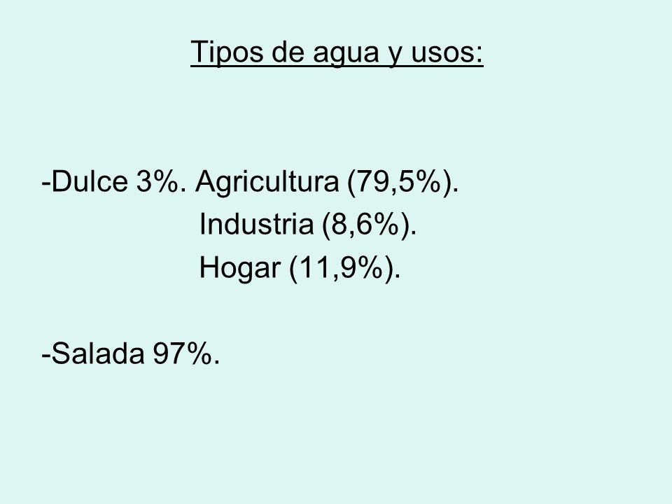 Tipos de agua y usos: -Dulce 3%. Agricultura (79,5%). Industria (8,6%). Hogar (11,9%). -Salada 97%.