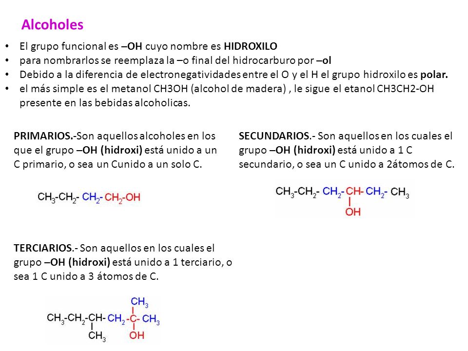 Alcoholes El grupo funcional es –OH cuyo nombre es HIDROXILO