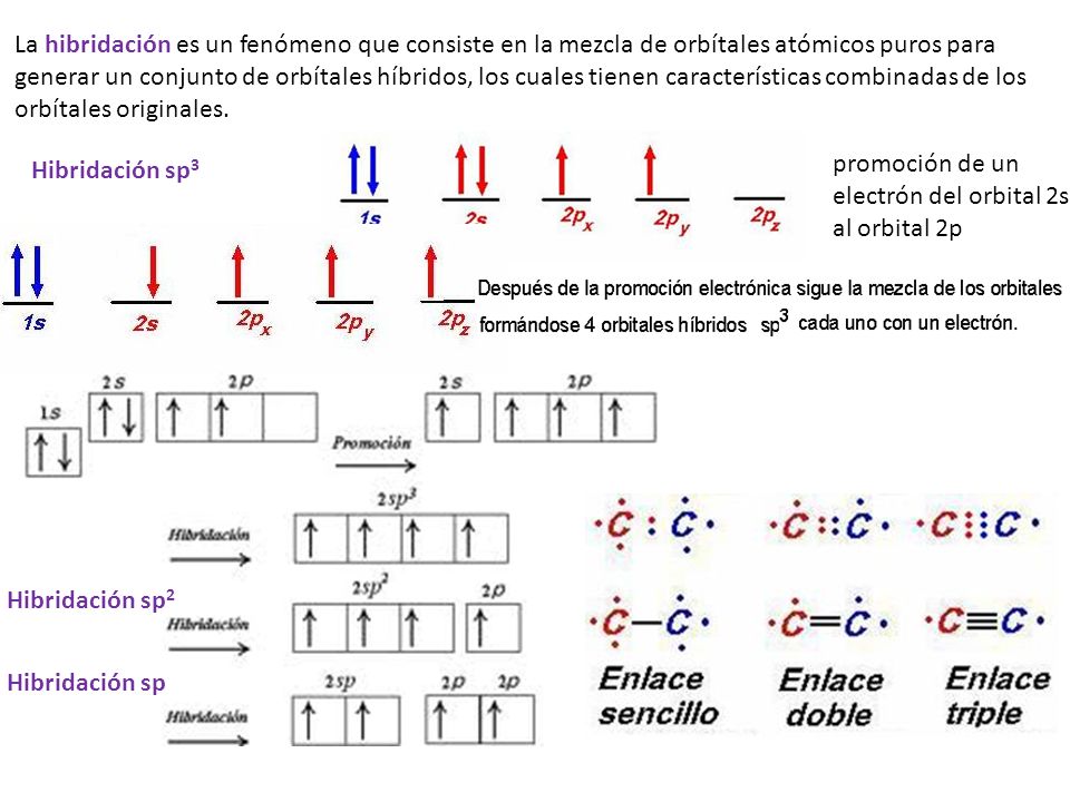 La hibridación es un fenómeno que consiste en la mezcla de orbítales atómicos puros para generar un conjunto de orbítales híbridos, los cuales tienen características combinadas de los orbítales originales.