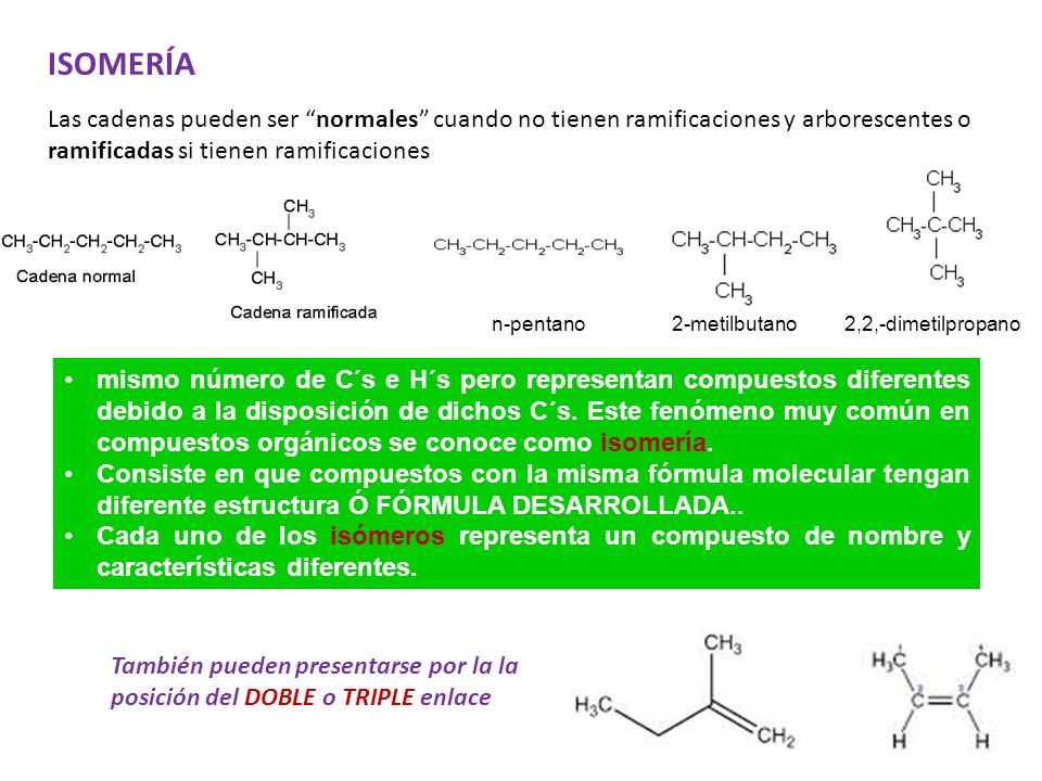 ISOMERÍA Las cadenas pueden ser normales cuando no tienen ramificaciones y arborescentes o ramificadas si tienen ramificaciones.