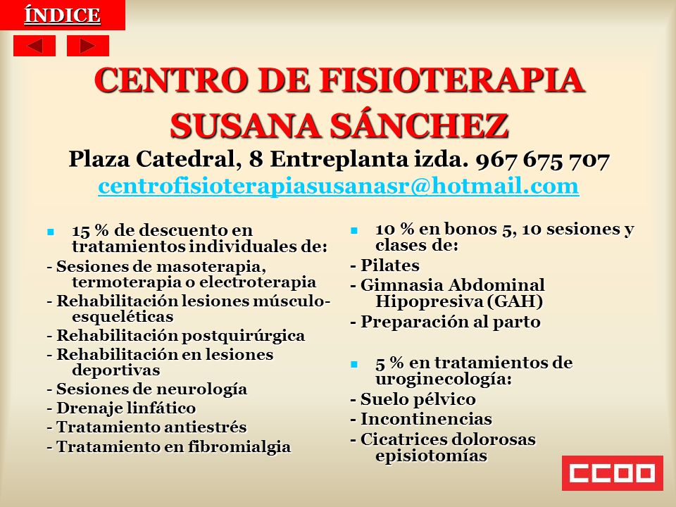 ÍNDICE CENTRO DE FISIOTERAPIA SUSANA SÁNCHEZ Plaza Catedral, 8 Entreplanta izda