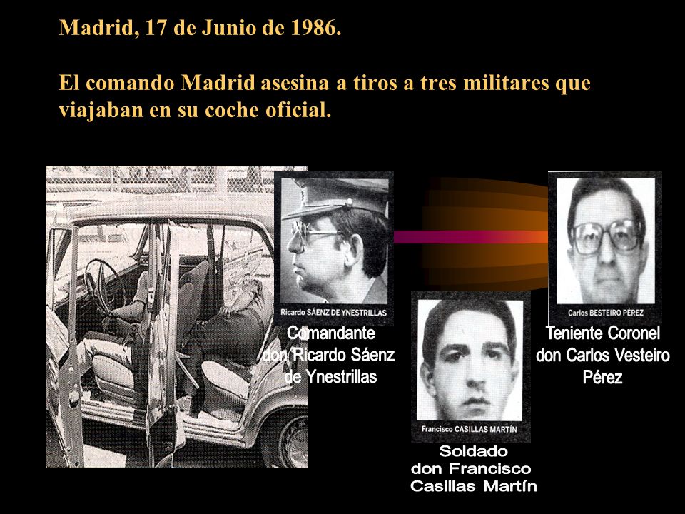 Madrid, 17 de Junio de El comando Madrid asesina a tiros a tres militares que viajaban en su coche oficial.