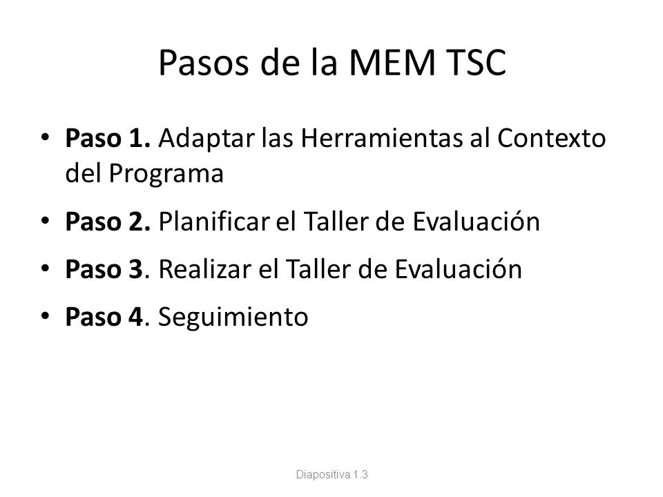 Pasos de la MEM TSC Paso 1. Adaptar las Herramientas al Contexto del Programa. Paso 2. Planificar el Taller de Evaluación.