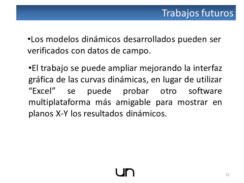 Trabajos futuros Los modelos dinámicos desarrollados pueden ser verificados con datos de campo.