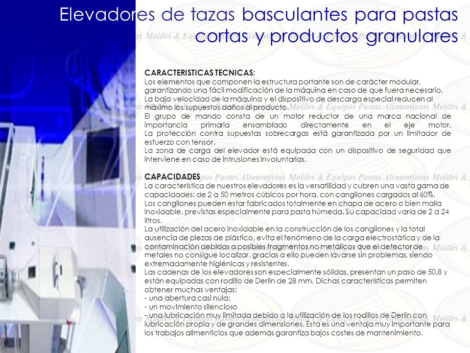 Elevadores de tazas basculantes para pastas cortas y productos granulares