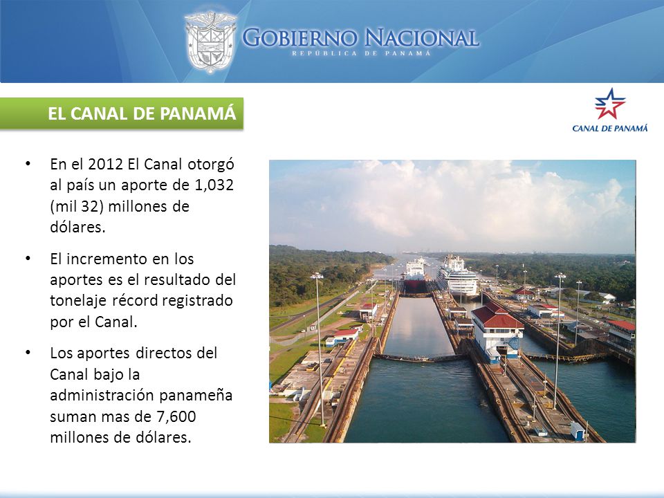 EL CANAL DE PANAMÁ En el 2012 El Canal otorgó al país un aporte de 1,032 (mil 32) millones de dólares.