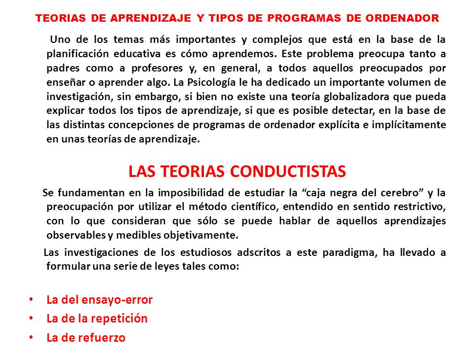 TEORIAS DE APRENDIZAJE Y TIPOS DE PROGRAMAS DE ORDENADOR