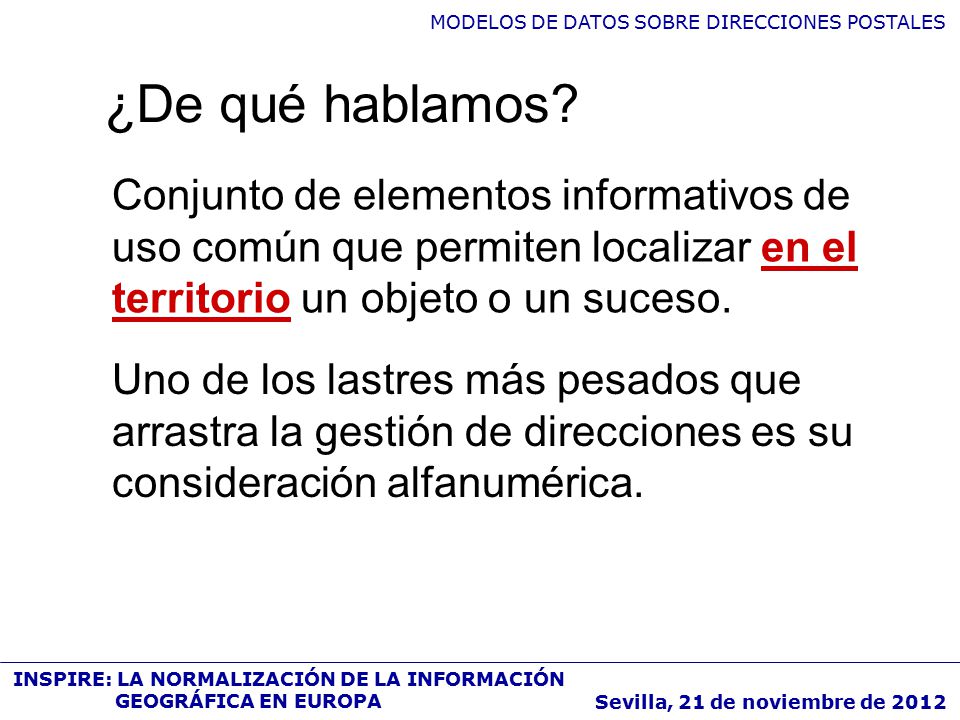 ¿De qué hablamos Conjunto de elementos informativos de uso común que permiten localizar en el territorio un objeto o un suceso.