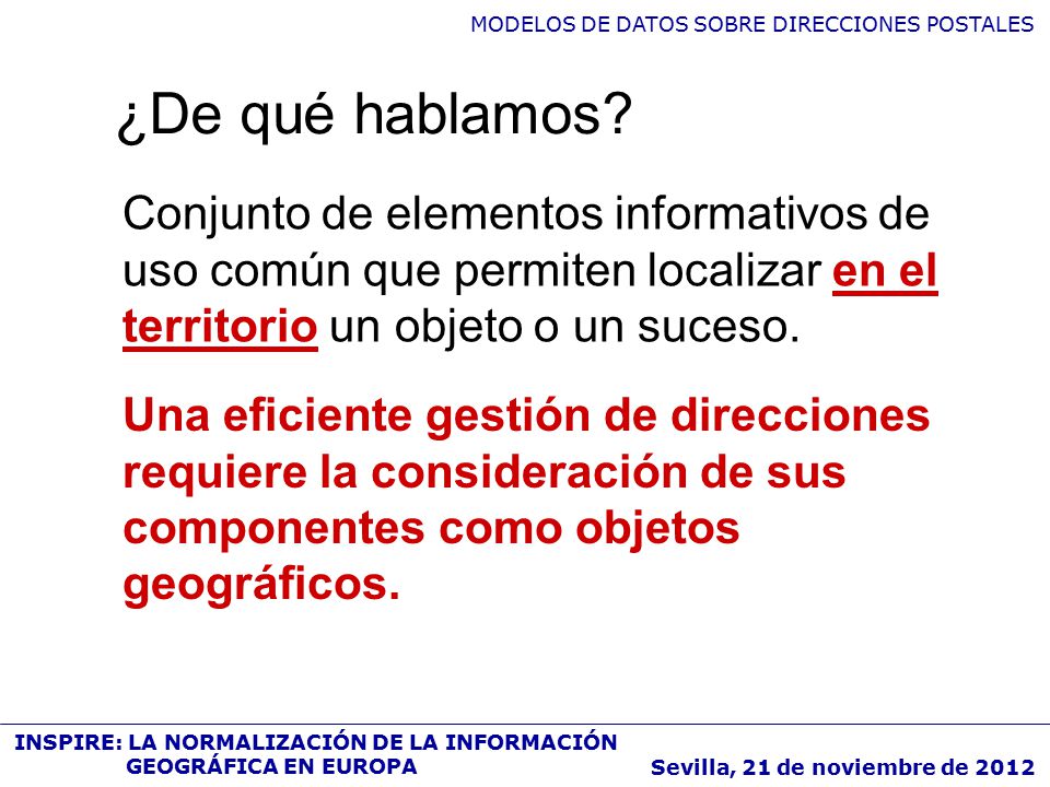 ¿De qué hablamos Conjunto de elementos informativos de uso común que permiten localizar en el territorio un objeto o un suceso.