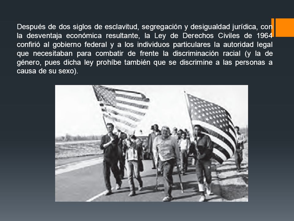 Después de dos siglos de esclavitud, segregación y desigualdad jurídica, con la desventaja económica resultante, la Ley de Derechos Civiles de 1964 confirió al gobierno federal y a los individuos particulares la autoridad legal que necesitaban para combatir de frente la discriminación racial (y la de género, pues dicha ley prohíbe también que se discrimine a las personas a causa de su sexo).