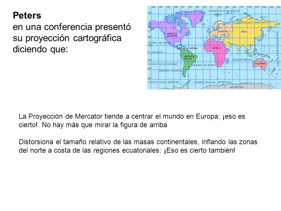 Peters en una conferencia presentó su proyección cartográfica diciendo que: