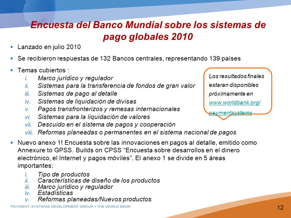 Encuesta del Banco Mundial sobre los sistemas de pago globales 2010