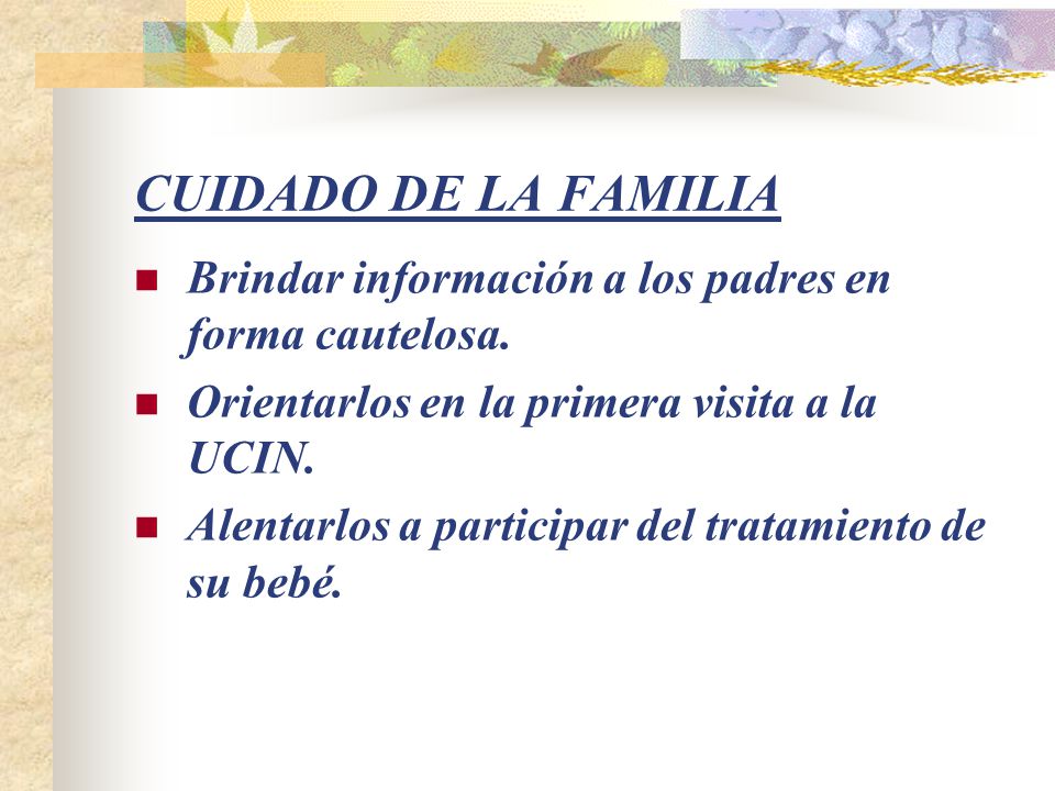 CUIDADO DE LA FAMILIA Brindar información a los padres en forma cautelosa. Orientarlos en la primera visita a la UCIN.