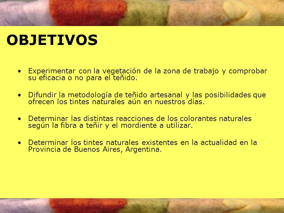 OBJETIVOS Experimentar con la vegetación de la zona de trabajo y comprobar su eficacia o no para el teñido.